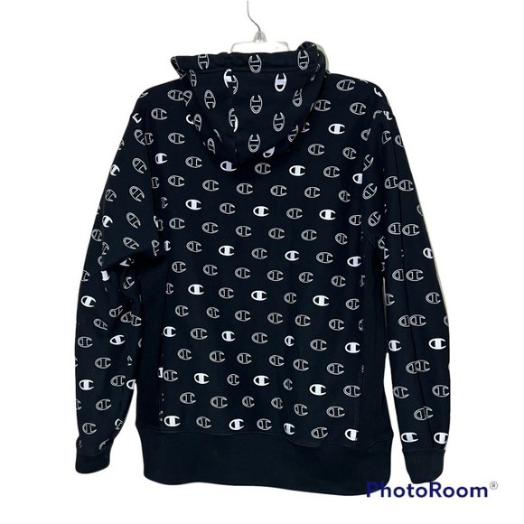 CHAMPION Reverse Weave Hooded SweatShirt Front Pocket All-Over Print Size L - Picture 2 of 9